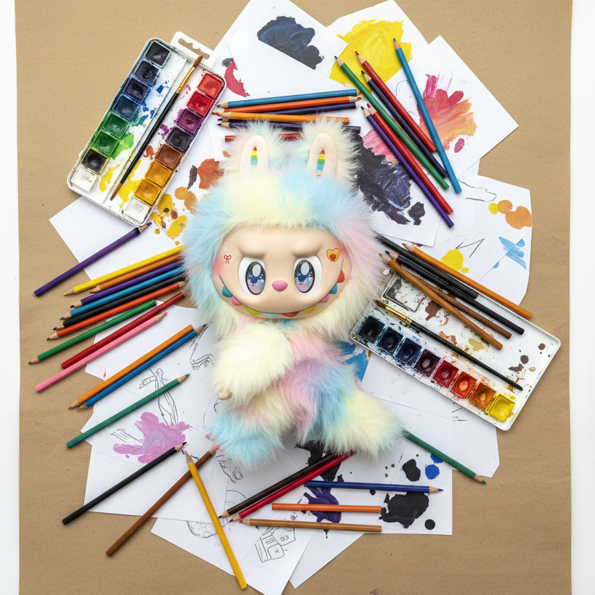 Fluffy, rainbow-colored toy doll with watercolor palettes, brushes, and scattered colored pencils on a paper surface with childlike paint splatters and drawings.