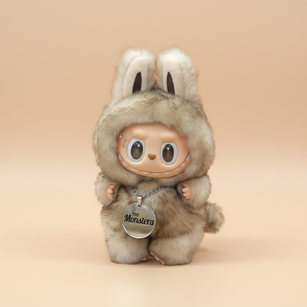 Professional e-commerce photo of the Dark Gray V3 fluffy plush doll with a vinyl face, centered on a modern light gray background with soft studio lighting.