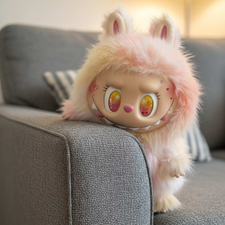 A pink and pale yellow fluffy designer toy doll with bright star-shaped eyes and bunny ears, peaking over the armrest of a textured grey fabric sofa in a cozy, dimly lit indoor setting.