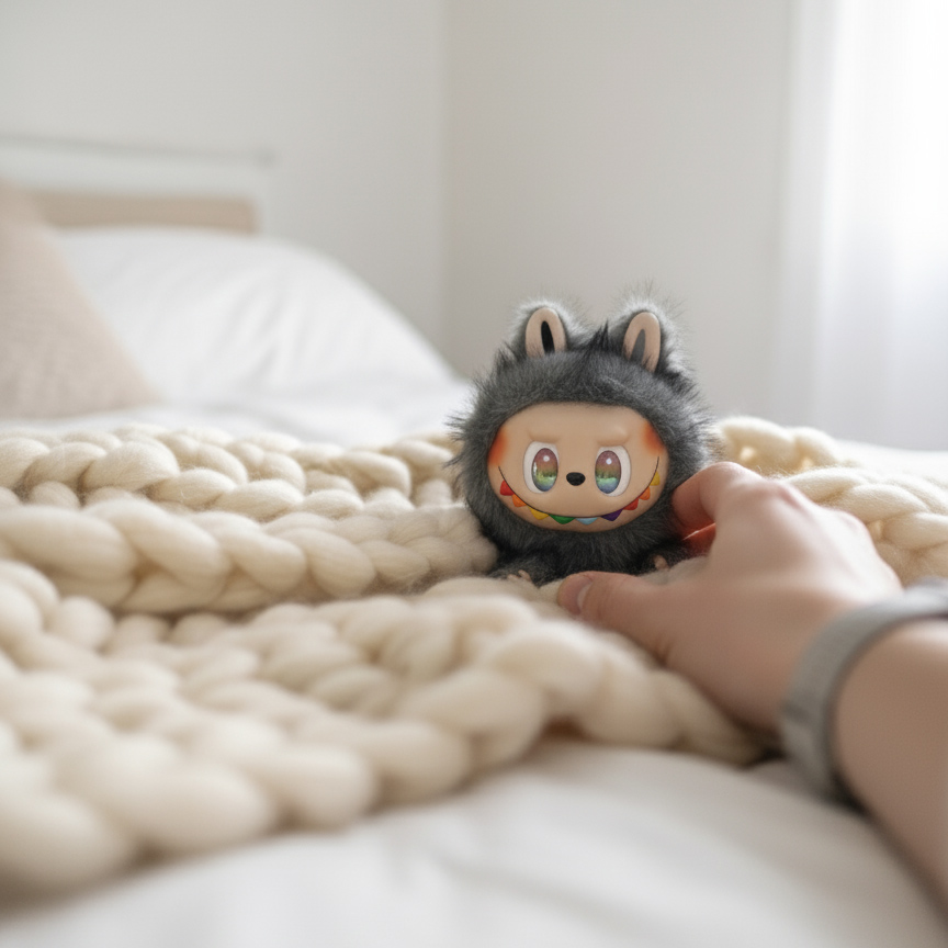 A dark grey, fuzzy designer toy doll with rainbow-colored teeth and bunny ears, sitting on a cream-colored chunky knit blanket in a bright, minimalist bedroom, with a hand reaching towards it.