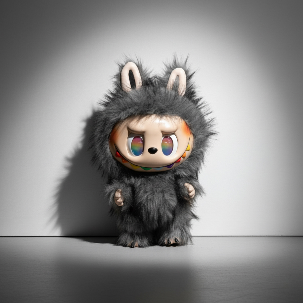 A 3D render of a standing, dark gray, furry character with bunny ears and a light-skinned face. It has large, reflective eyes showing rainbow colors and a wide, mischievous smile revealing colorful, rainbow-striped teeth. The background is a stark, gray studio wall with strong directional lighting creating shadows.
