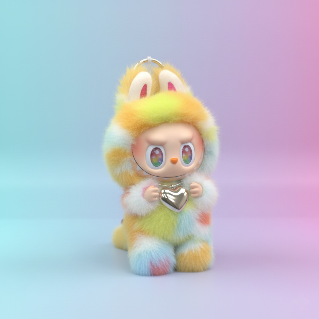 A digital illustration of a small, stylized character wearing a fluffy, rainbow-colored bunny suit. The suit features shades of yellow, orange, blue, and pink. The character has large, expressive eyes with colorful irises and is holding a shiny, silver heart-shaped pendant on a chain. The background is a smooth, gradient blend of soft blue and pink.