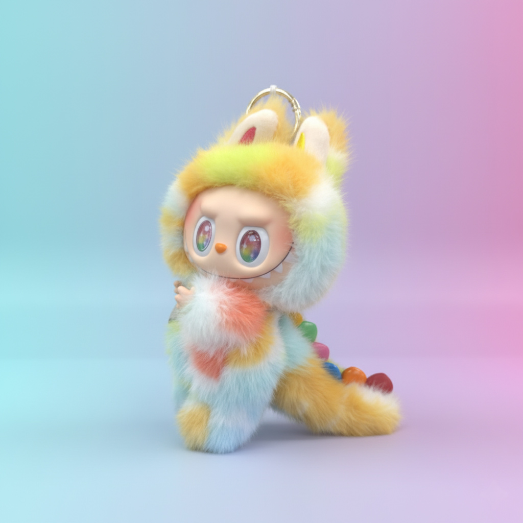 A 3D render of a cute, furry character wearing a hood or costume resembling a mix between a rabbit/bunny and a dinosaur, with a long, colorful spiked tail. The character is multi-colored in pastels like yellow, orange, blue, and white, with large, expressive eyes and a slight smile. It has a small golden halo. The background is a soft gradient of pink and cyan/light blue.