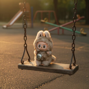 A brown and cream-colored fluffy designer toy doll with bunny ears and a 'Happy Holidays' charm, sitting on a wooden swing in a playground bathed in the warm light of sunset or sunrise.