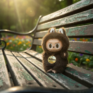 A dark brown, fuzzy designer toy doll with bunny ears and a gold 'MY MONSTERS' charm, sitting on a weathered wooden park bench during golden hour, with a blurred field of colorful flowers in the background.