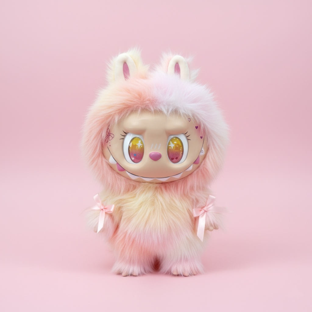 A 3D render of a cute, furry character in a pastel pink and yellow ombré fluffy costume with bunny ears and small pink bows on its wrists. The character has large, expressive, golden-yellow eyes with star reflections and a wide, mischievous smile with visible teeth. It is set against a solid light pink background.
