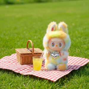 A fluffy, rainbow-colored designer toy doll, with a heart charm and bunny ears, sitting on a red and white checkered picnic blanket next to a wicker basket and a glass of lemonade on vibrant green grass.