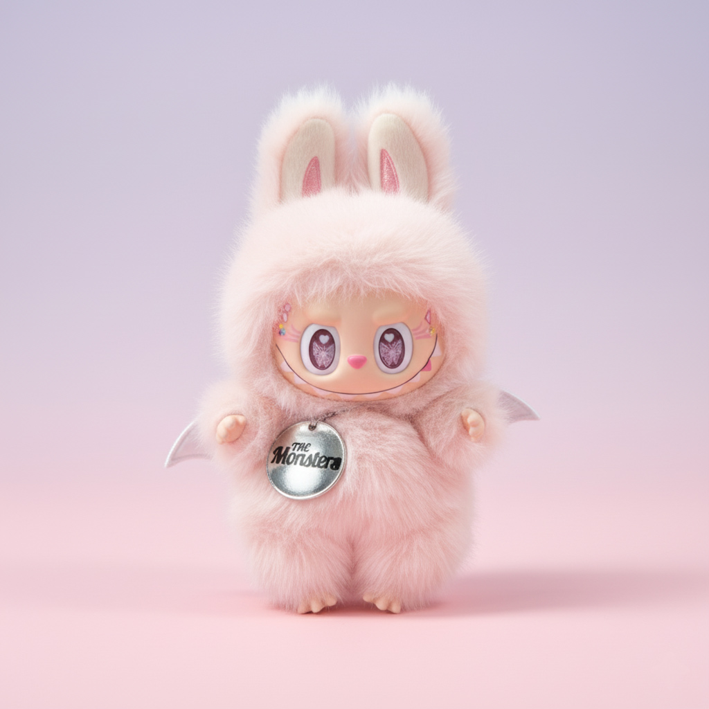 A close-up 3D render of a soft, pink, furry character with large bunny ears, tiny white wings, and a silver necklace pendant that reads "The Monsters." The character has large, expressive, purplish-pink eyes and a slight, mischievous smile. The background is a smooth gradient of light pink and lavender.
