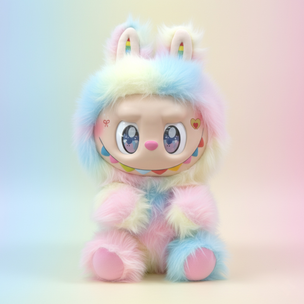 A 3D render of a cute, furry character sitting down, covered in pastel rainbow-colored fur (pink, yellow, blue, white). It has large, reflective purple eyes, a wide, serrated smile, and bunny ears with small rainbow stripes on the inner edges. There are small heart and bow markings on its cheeks. The figure is set against a soft, colorful gradient background.