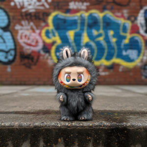 A dark grey, fluffy designer toy doll with bunny ears, rainbow-colored teeth, and large, expressive eyes, standing on a wet concrete ledge with a blurred, vibrant graffiti-covered brick wall in the background.