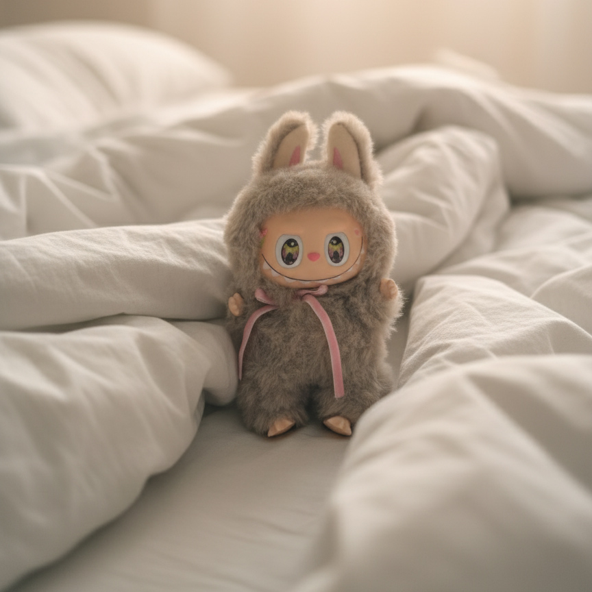 A soft brown and beige fluffy designer toy doll with bunny ears, a pink bow, and large expressive eyes, sitting centrally among rumpled white sheets and blankets in a cozy bed.