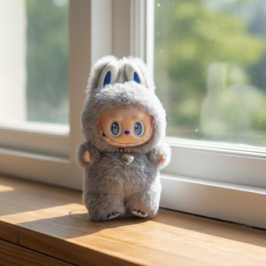 A cute, grey fluffy designer toy doll with blue-accented bunny ears and a silver heart charm, standing on a sunlit wooden window sill with a blurred green outdoor view.