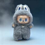 Grey & Blue Heart Pendant Fluffy Plush Toy | 17cm Vinyl Face Figure