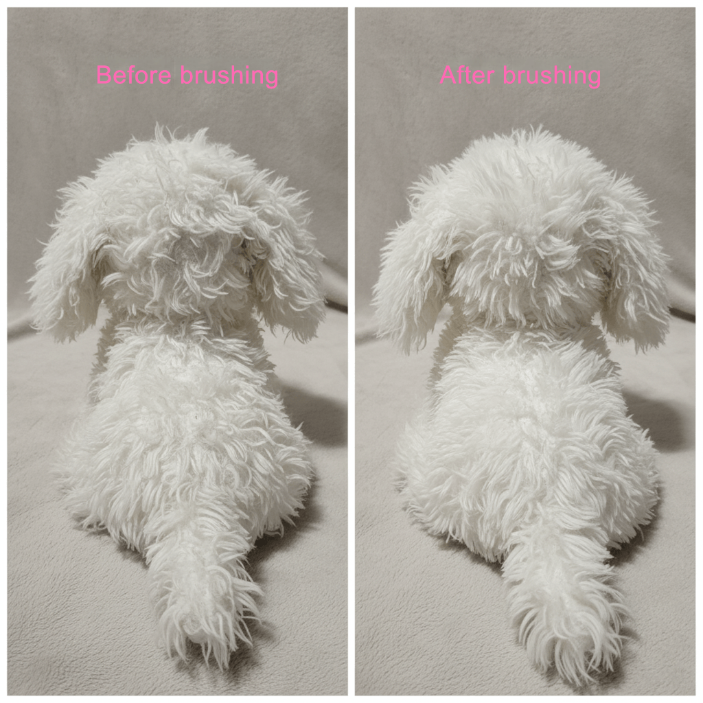 A split image showing the back of a white, curly-haired plush toy. The left side, labeled "Before brushing," shows the fur slightly matted and clumpy. The right side, labeled "After brushing," shows the fur visibly fluffed, softer, and untangled.