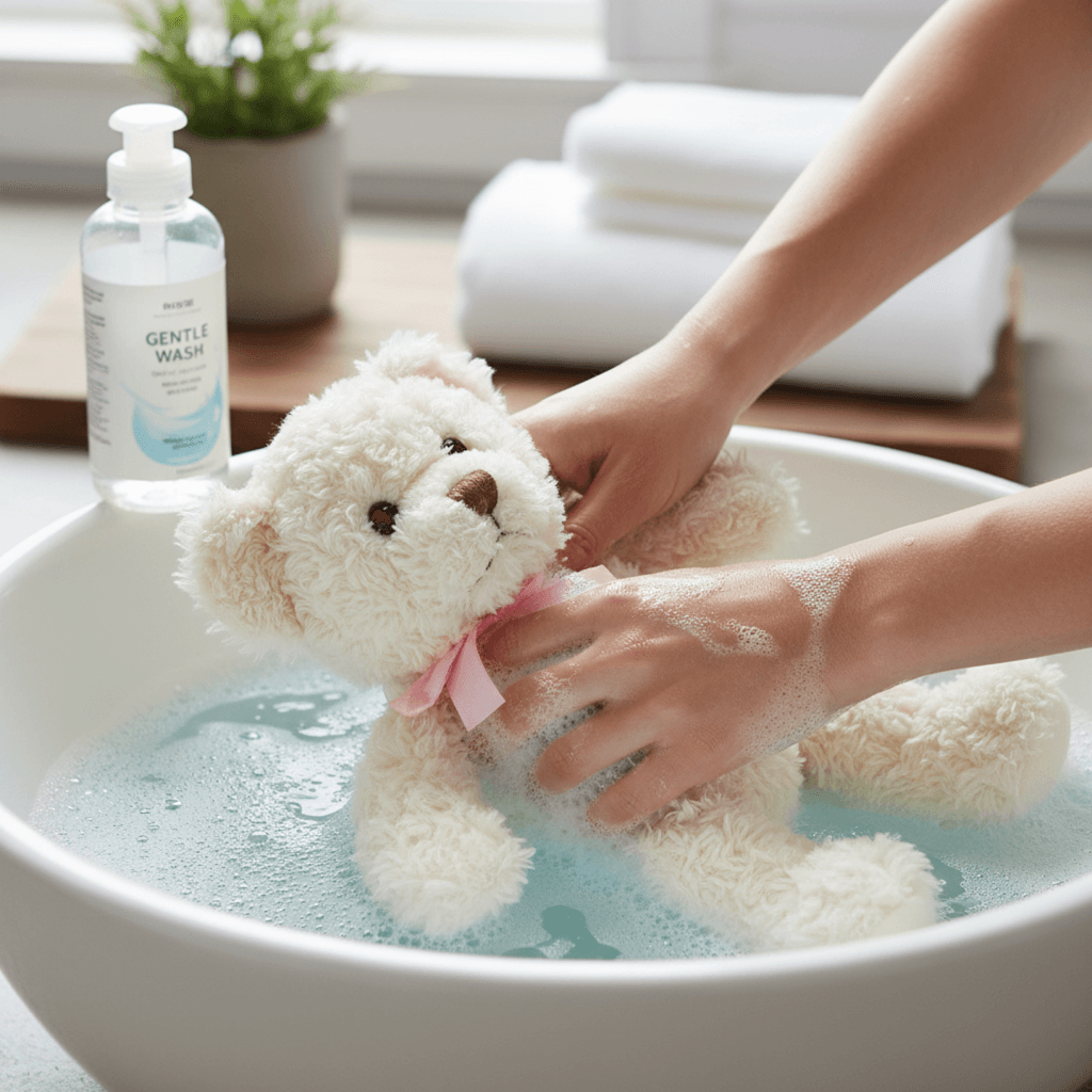 Close-up of hands gently pressing a white teddy bear with a pink ribbon in a basin filled with soapy water and mild detergent.