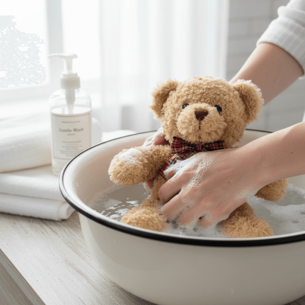 Cleaning a plush toy with gentle soap and water