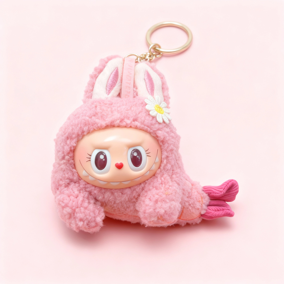 Close-up of a pink, fuzzy plush keychain with bunny ears, a smiling doll-like face with a heart nose and large eyes, and a small white daisy accessory, displayed on a matching pink background.